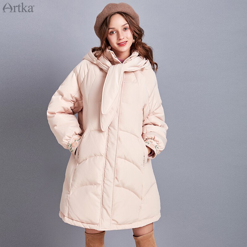 Artka Womens Floral Long Down Jacket Winter Coat with Detachable Raccoon Fur Hood 