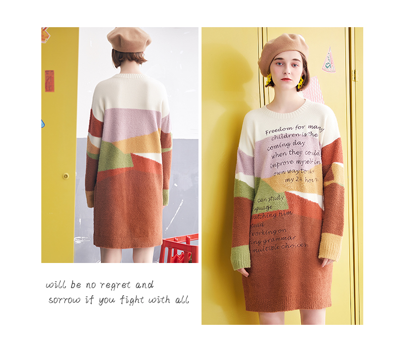 ARTKA 2020 Winter New Women Dress Fashion Letter Embroidery Color Splice Knitted Dresses Thick Loose Long Sweater Dress YB10990Q