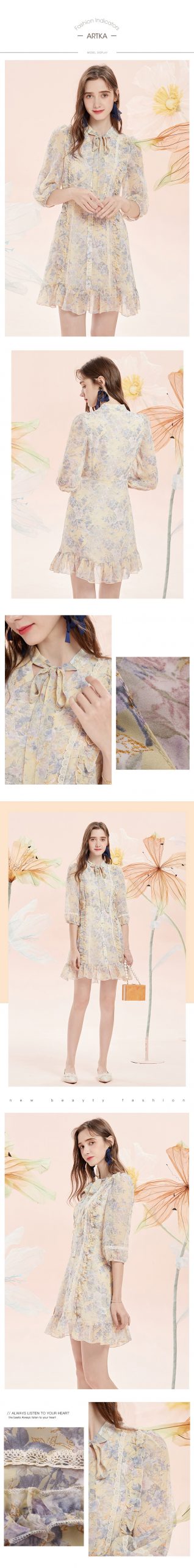 ARTKA 2021 Summer New Elegant Floral Ruffles Chiffon Dresses Bow Lace Up Collar Lantern Sleeve Midi Shirt Dress Women LA29110X