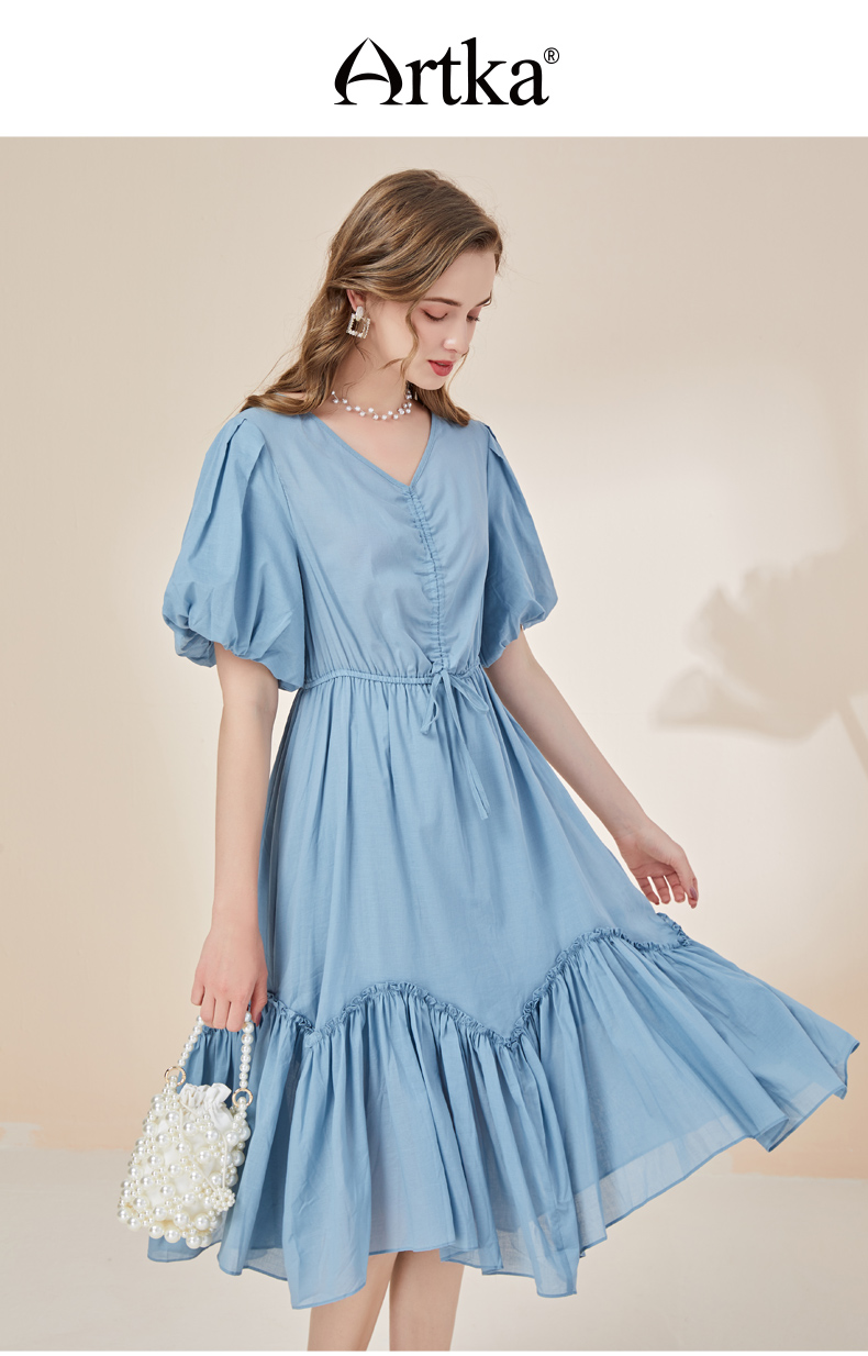 ARTKA 2021 Summer New Women Dress Elegant Vintage Puff Sleeve Blue Dresses 100% Cotton V-Neck Ruffles Loose Long Dress LA21402X