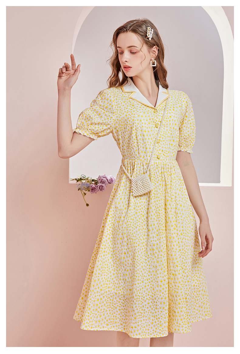 ARTKA 2021 Summer New Women Dress French Elegant V-Neck Yellow Midi Dresses Vintage Puff Sleeve High Waist A-Line Dress LA22318C