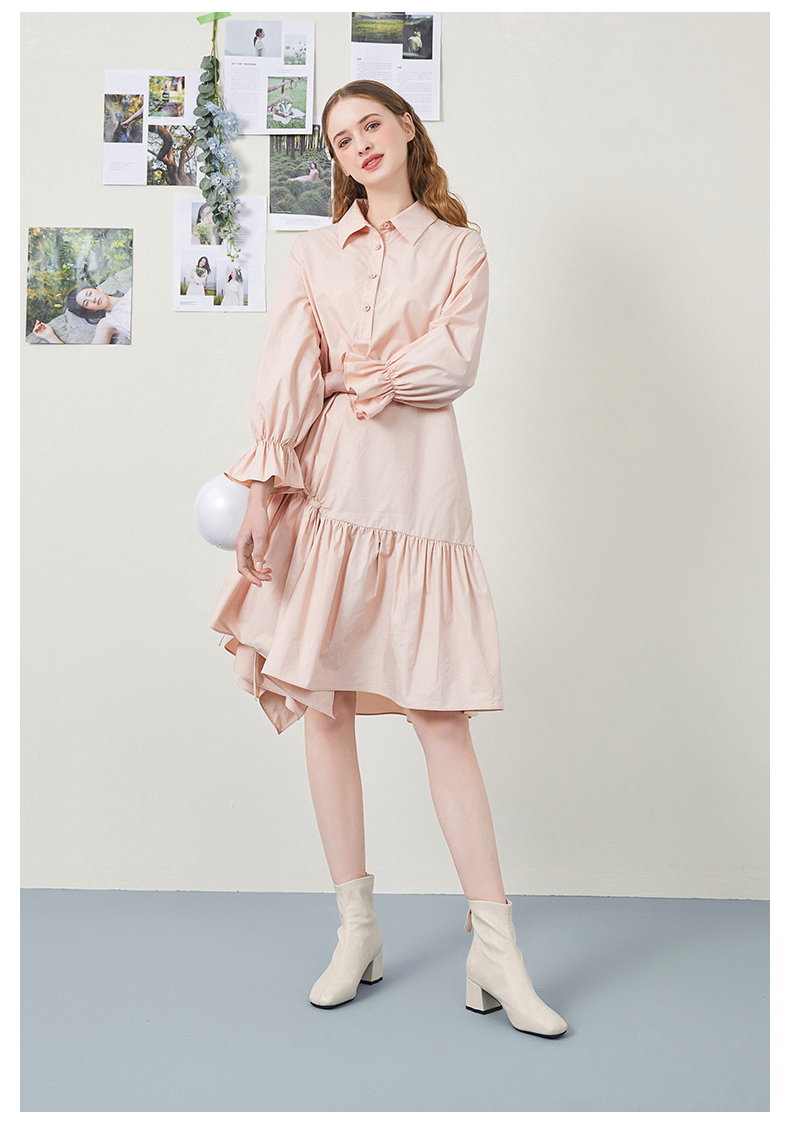 ARTKA 2021 Spring New Women Dress 100% Cotton Fashion Casual Long Shirt Dresses Irregular Ruffles Pink Shirt Dress LA22115C
