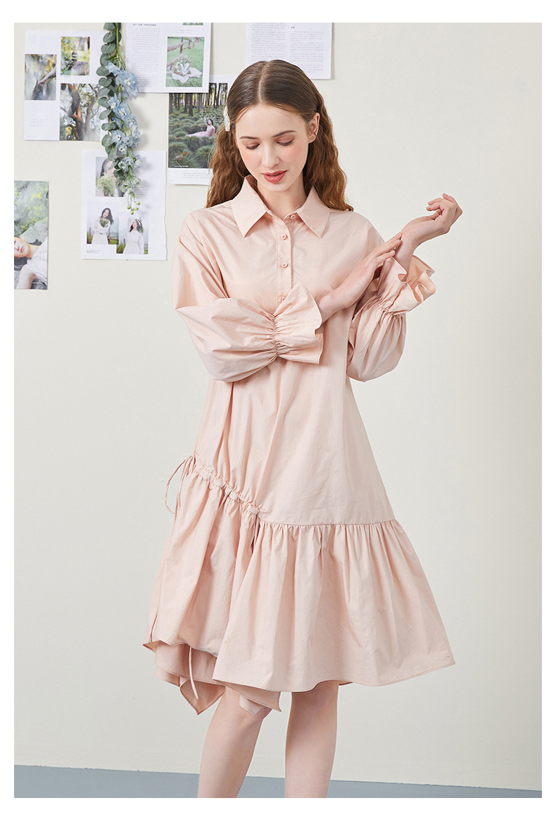ARTKA 2021 Spring New Women Dress 100% Cotton Fashion Casual Long Shirt Dresses Irregular Ruffles Pink Shirt Dress LA22115C