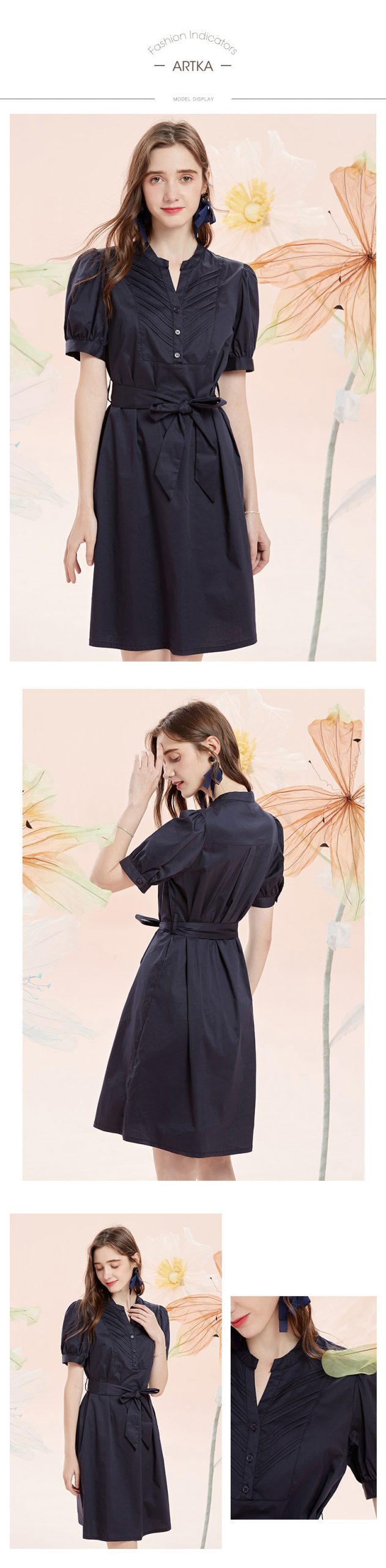 ARTKA 2021 Summer New Women Dress Elegant Vintage V-Neck Puff Sleeve Dresses Blue Midi Shirt Dress With Belt LD28013X