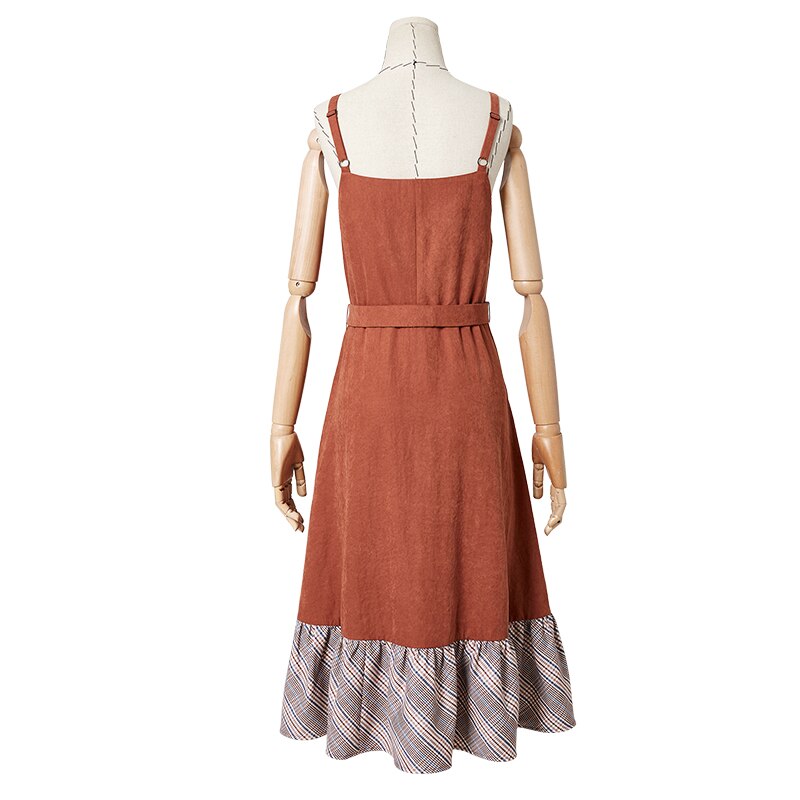 ARTKA 2019 Autumn New Women Dress Vintage V-Neck Spaghetti Strap Dress Plaid Stitching Romantic Ruffled Dress With Belt LA10398Q