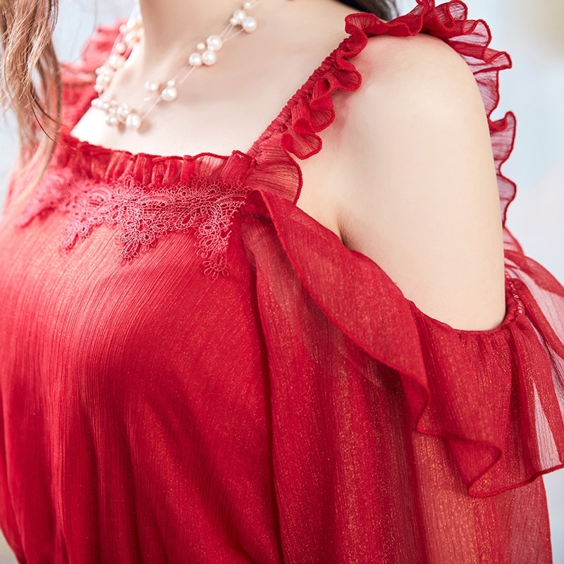 ARTKA 2020 Summer New Women Dress Elegant Ruffles Red Chiffon Dresses Waist Tassel Lace Up Off Shoulder Long Dress LA20803X