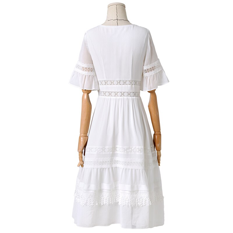 ARTKA 2020 Summer New Women Dress Elegant White High Waist Hollow Out Lace Dress Retro Square Collar Long Chiffon Dress LA25605X