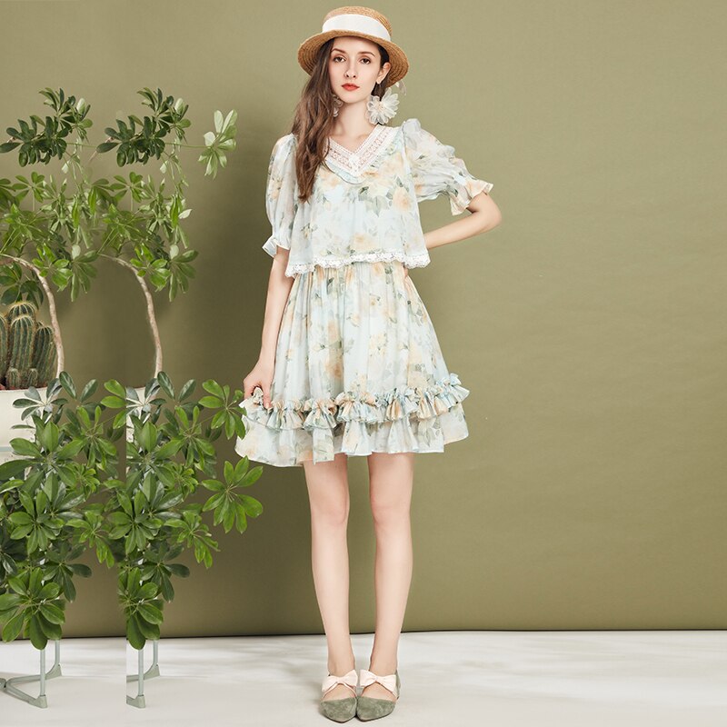 ARTKA 2020 Summer New Women Dress Elegant Flower Print Chiffon Dresses V-Neck Lace Dress Romantic Ruffles Dress Women LA20304X