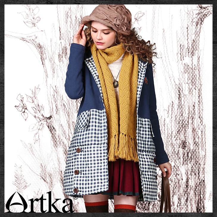 CLEARANCE ARTKA 2018 Winter Women's Vintage Plaid Stitching Single Breasted Hooded Long Thick Coat Parka MA11047D