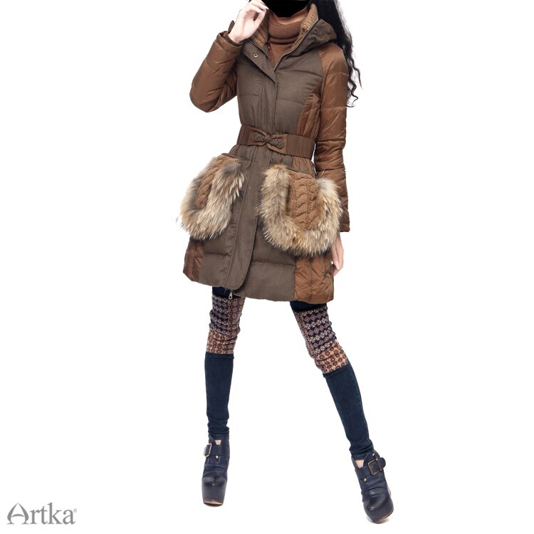 ARTKA Winter Parka Women Down Jacket With Adjusted Belt Patchwork Windbreaker Female Raincoat 2018 Fur Parka Overcoat CK16230D