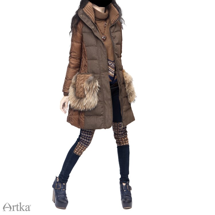 ARTKA Winter Parka Women Down Jacket With Adjusted Belt Patchwork Windbreaker Female Raincoat 2018 Fur Parka Overcoat CK16230D
