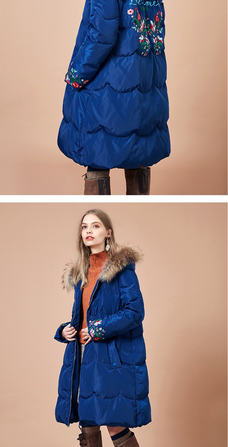 ARTKA 2018 New Embroidered Large Raccoon Dog Fur Detachable Collar A-line Long Female 90% White Duck Down Coat ZK10880D