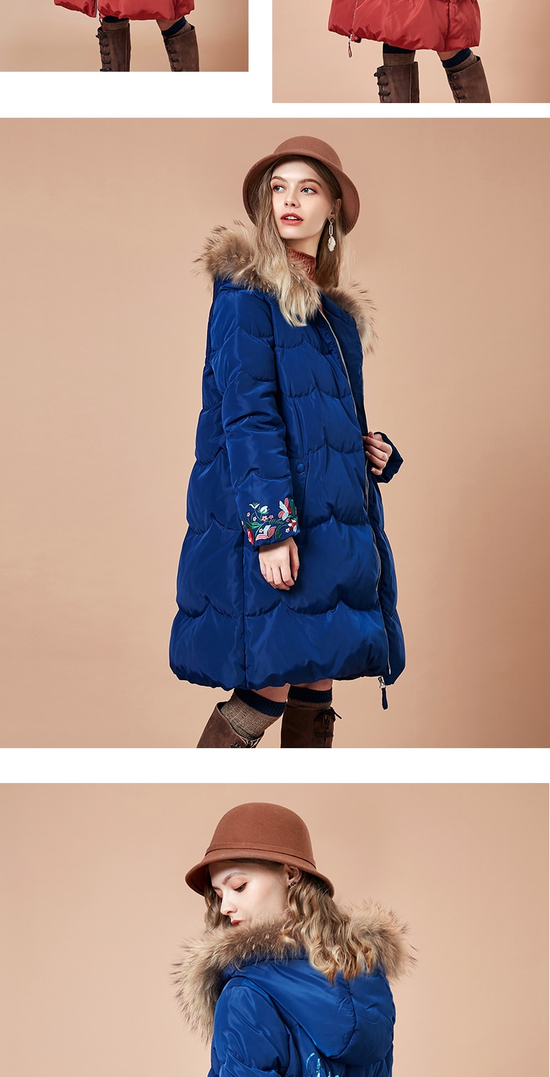 ARTKA 2018 New Embroidered Large Raccoon Dog Fur Detachable Collar A-line Long Female 90% White Duck Down Coat ZK10880D