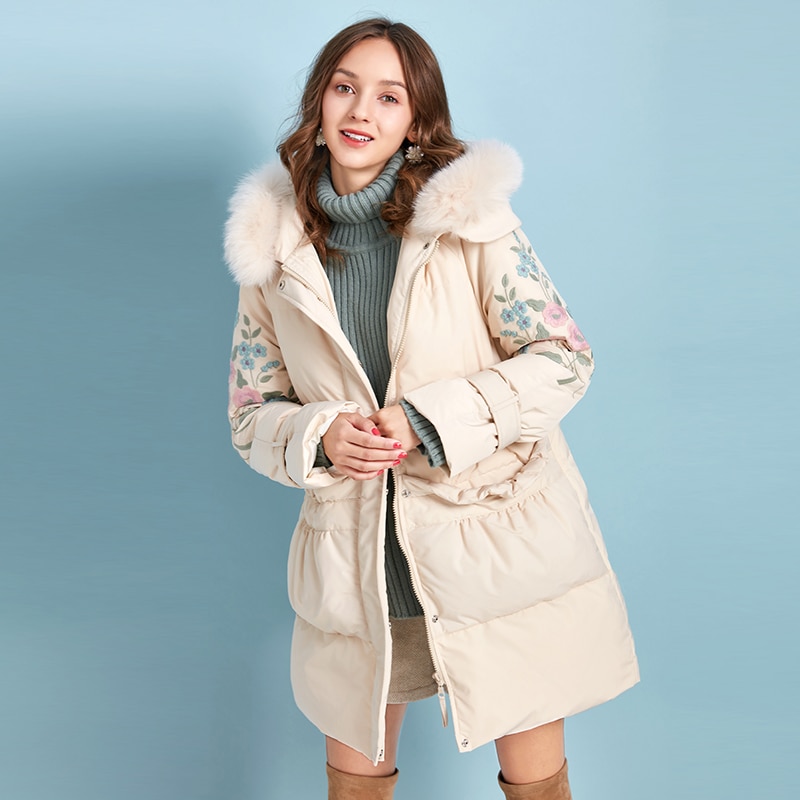ARTKA 2019 Winter New Women Flower Embroidery 90% White Duck Down Coat Fox Fur Collar Hooded Thick Warm Long Down Coats ZK10790D