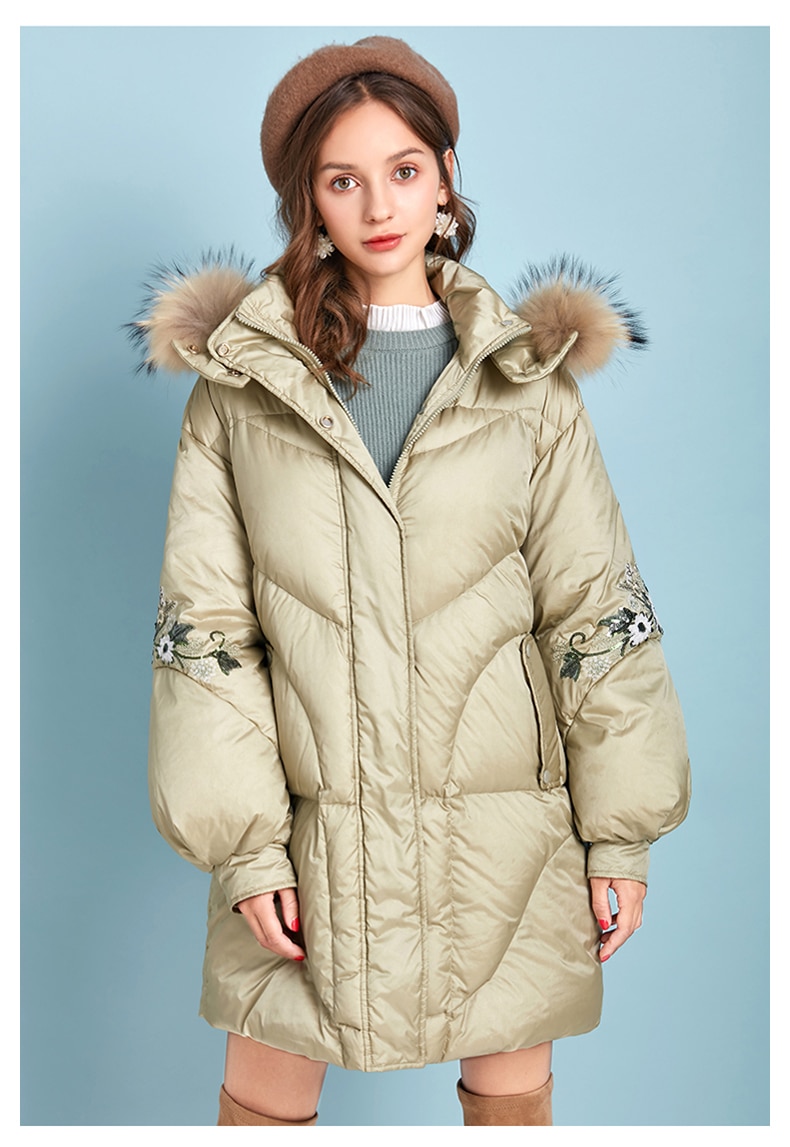 ARTKA 2020 Winter New Women Down Coats Elegant Embroidery 90% White Duck Down Coat Raccoon Fur Collar Hooded Long Parka ZK10294D