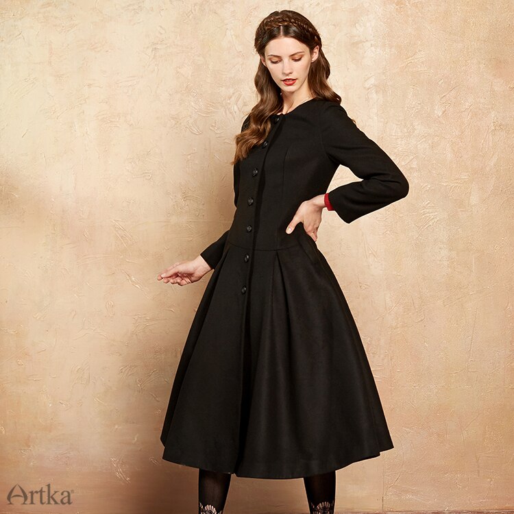 ARTKA 2018 Autumn& Winter 50% Wool Embroidery Dispatch able Shawl Tight Waist Cloak Extra Long Coat FA10174Q