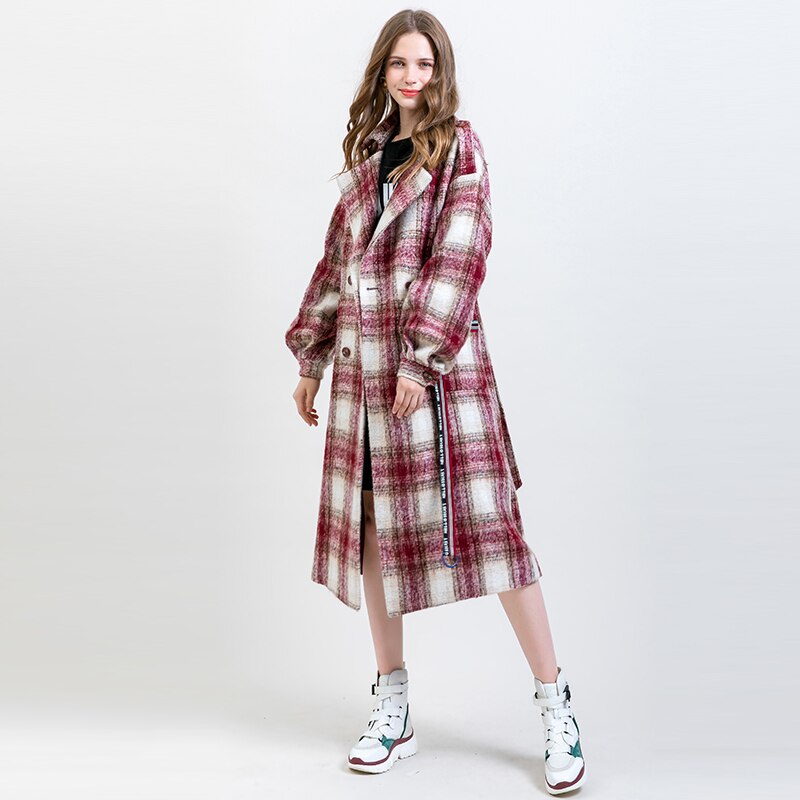 ARTKA 2019 Winter New Women Woolen Coat Vintage Plaid Fashion Print Woolen Coat Lantern Sleeve Long Outwear With Belt WA15095D