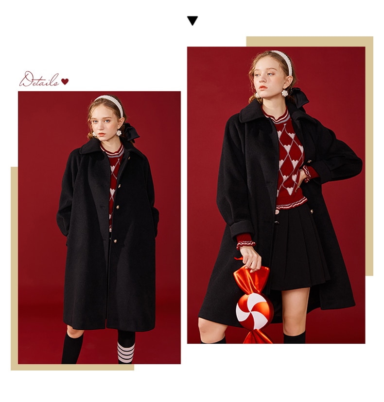 ARTKA 2020 Winter New Women Woolen Coat Fashion Back Embroidery Black Woolen Coat Long Loose Thicken Woolen Outerwear FA22108D