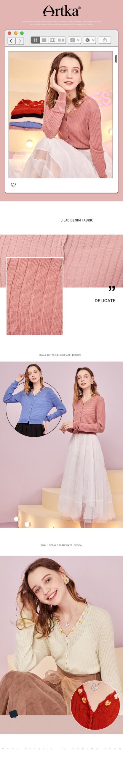 ARTKA 2021 Spring New Women Knitwear 6 Colors Elegant V-Neck Embroidery Sweater Soft Wool Knitted Cardigan Outerwear YB25305Q