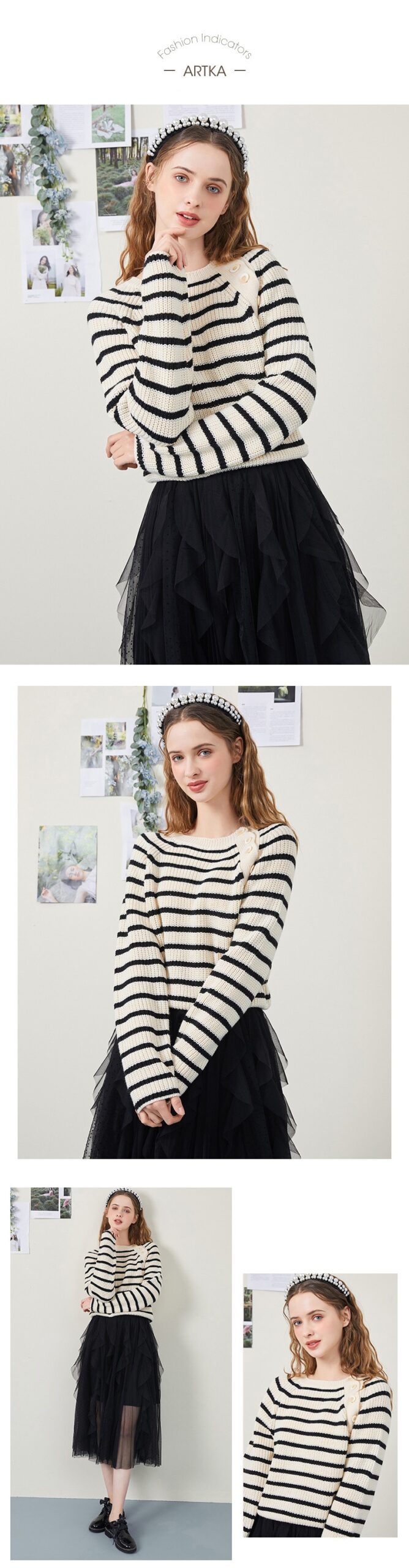 ARTKA 2021 Spring New Women Sweater Elegant O-Neck Black&White Stripes Knitwear Soft Loose Long Sleeve Knitted Sweaters YB22013C