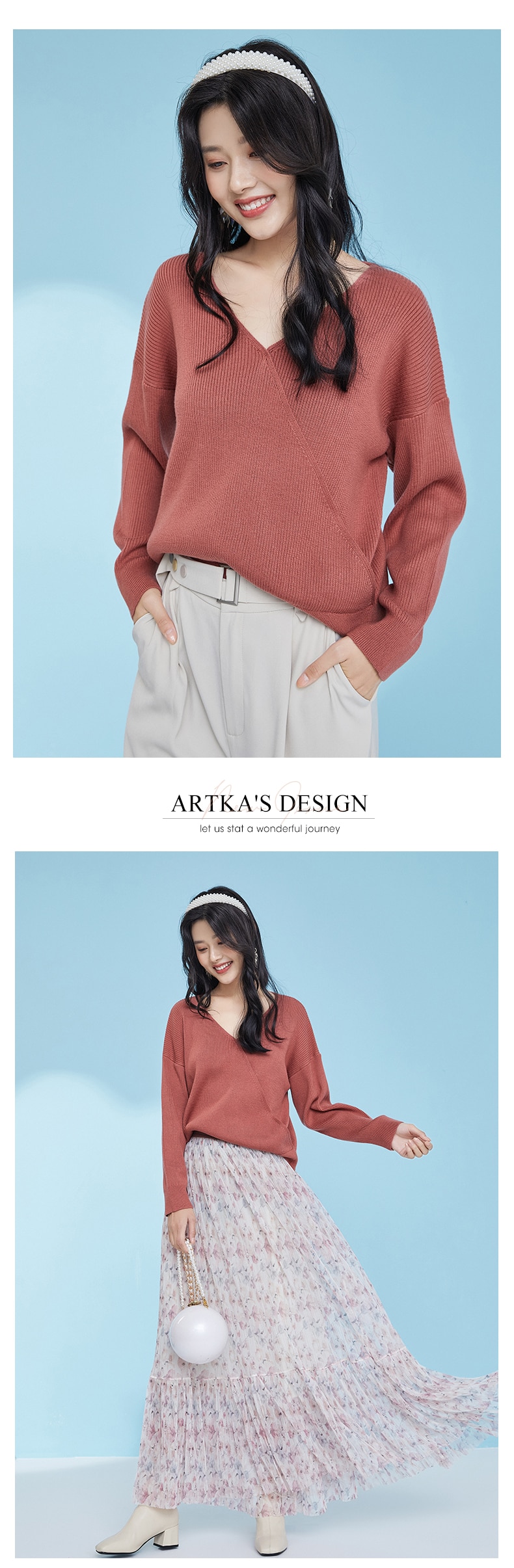 ARTKA 2021 Spring New Women Knitwear Elegant 2 Colors V-Neck Wool Sweater Soft Loose White Knitted Sweaters Women YB28007D