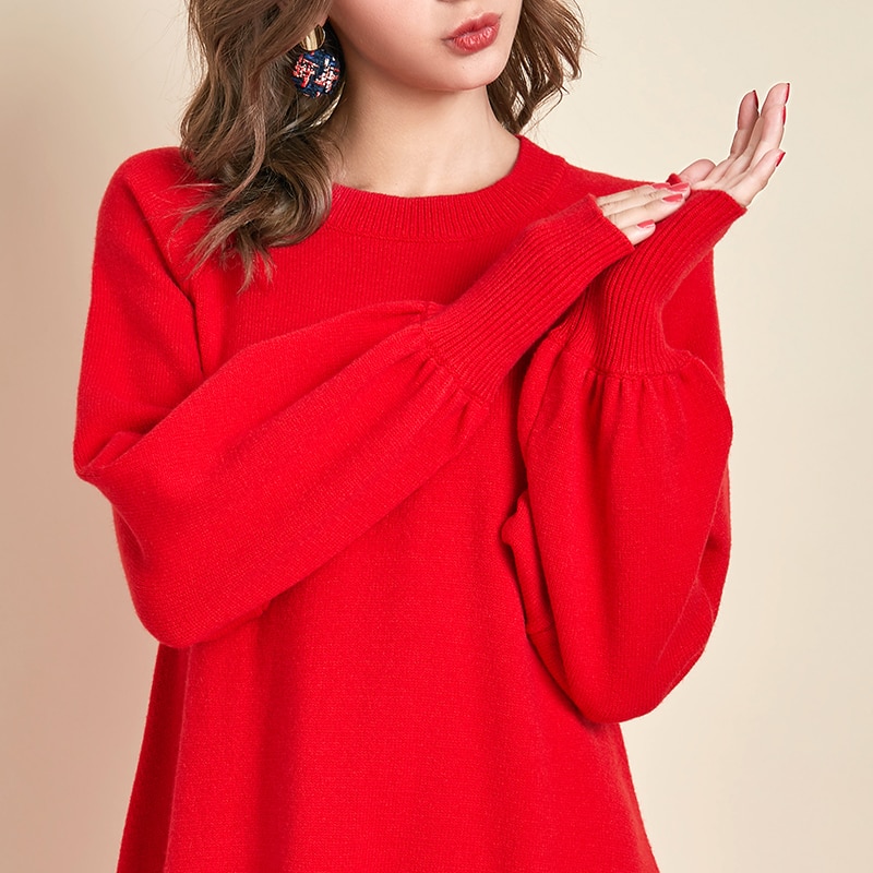 ARTKA 2019 Winter New Women Sweater Dresses Four Colors Warm Knitted Sweater O-Neck Lantern Sleeve Long Sweater Dress YB10895Q