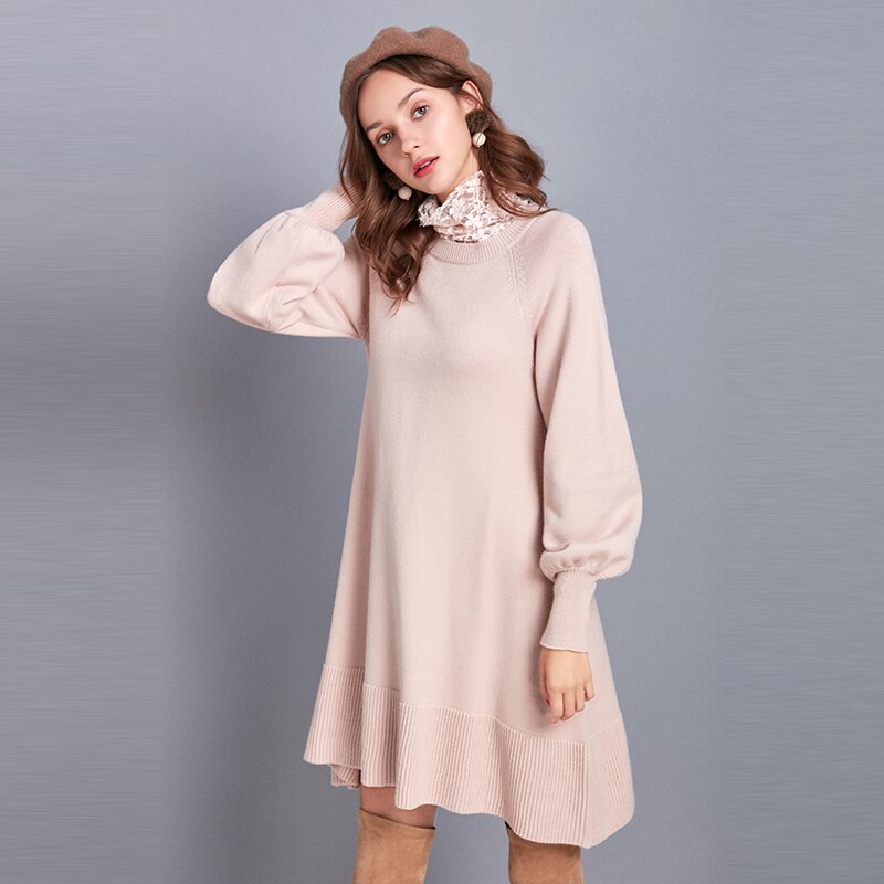 ARTKA 2019 Winter New Women Sweater Dresses Four Colors Warm Knitted Sweater O-Neck Lantern Sleeve Long Sweater Dress YB10895Q