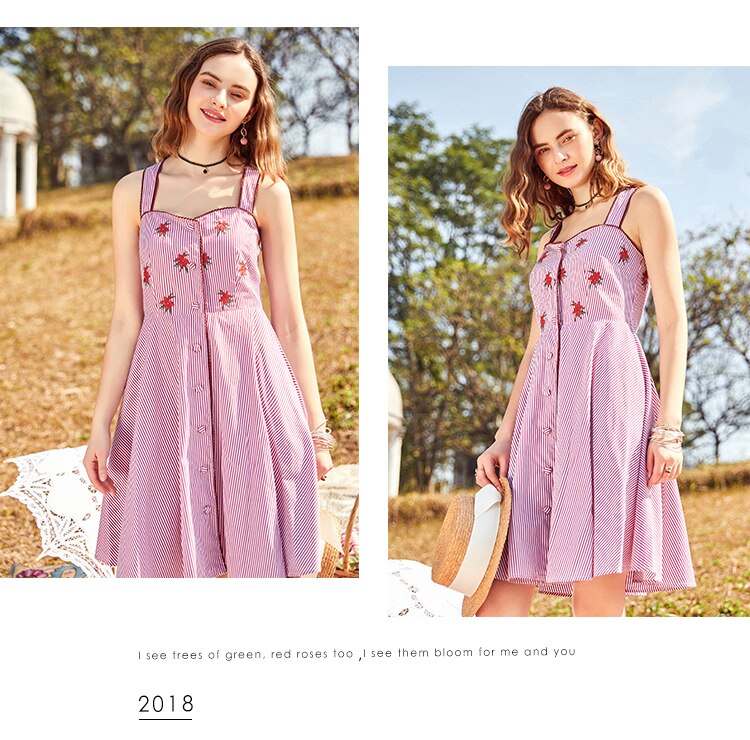 ARTKA 2018 Summer New Women Vintage Cotton Floral Embroidery Strapless Stripe Sleeveless Big Swing A-line Dress LA10984C