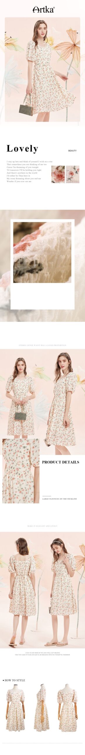 ARTKA 2021 Summer New Women Dress Elegant Floral Soft Chiffon Dresses Puff Sleeve High Waist Midi Dress With Belt LA29019X