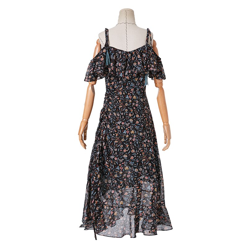 ARTKA 2019 Summer Women Dress Romantic Tassel Ruffled Dress Floral Chiffon Spaghetti Strap Side Drawstring Design Dress LA10594X