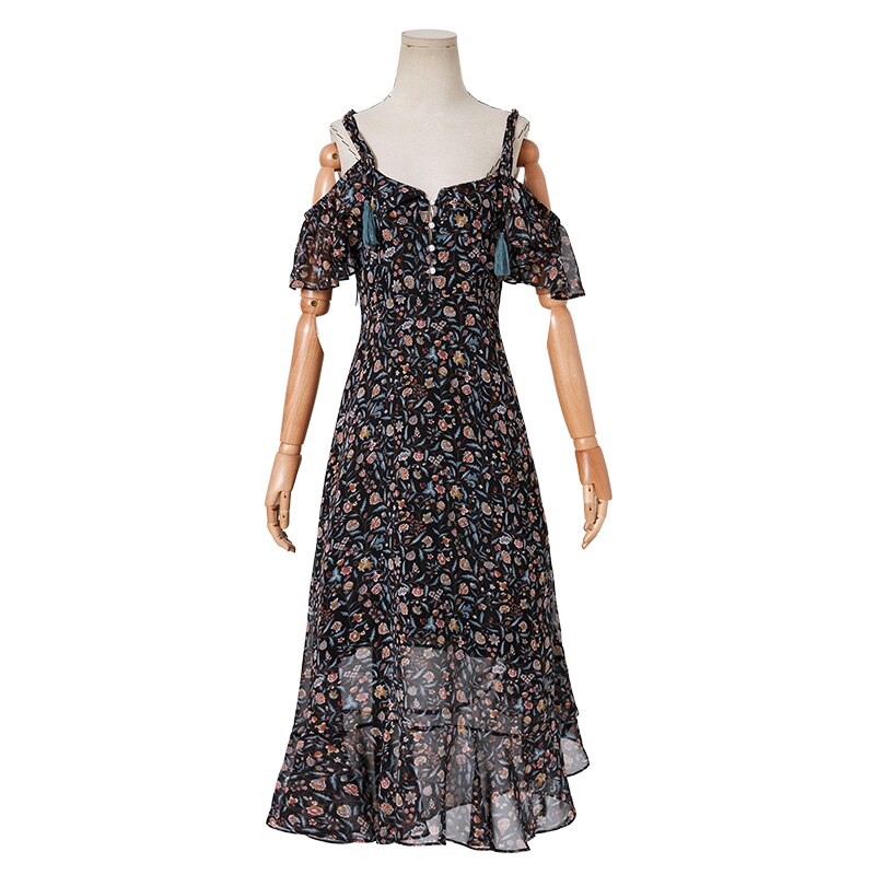 ARTKA 2019 Summer Women Dress Romantic Tassel Ruffled Dress Floral Chiffon Spaghetti Strap Side Drawstring Design Dress LA10594X