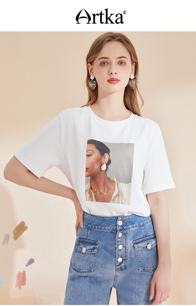 ARTKA 2021 Summer New Women T-shirt Fashion Casual Female Print T-shirts Short Sleeve O-Neck Soft White T-shirt TA28012X