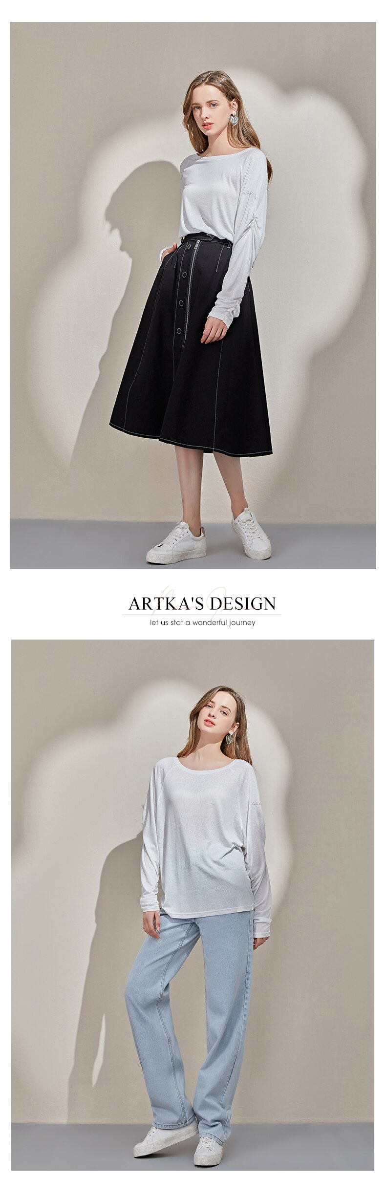 ARTKA 2021 Spring New Women T-shirt Fashion Simple O-Neck Soft T-shirt Shirring Long Sleeve Loose Casual White T-shirts TA25017C
