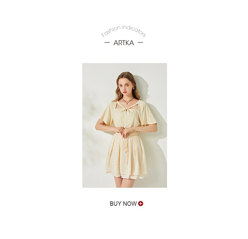 ARTKA 2021 Summer New Women T-shirt 100% Cotton Elegant Cross Square Collar T-shirts Ruffle Short Sleeve T-shirts TA25314X