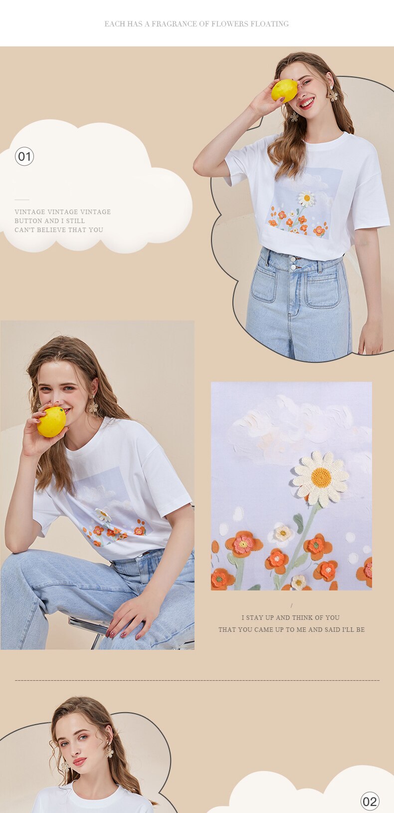 ARTKA 2021 Summer New Women T-shirt 100% Cotton Elegant Flower Embroidery T-shirts O-Neck Short Sleeve White T-shirts TA28019X