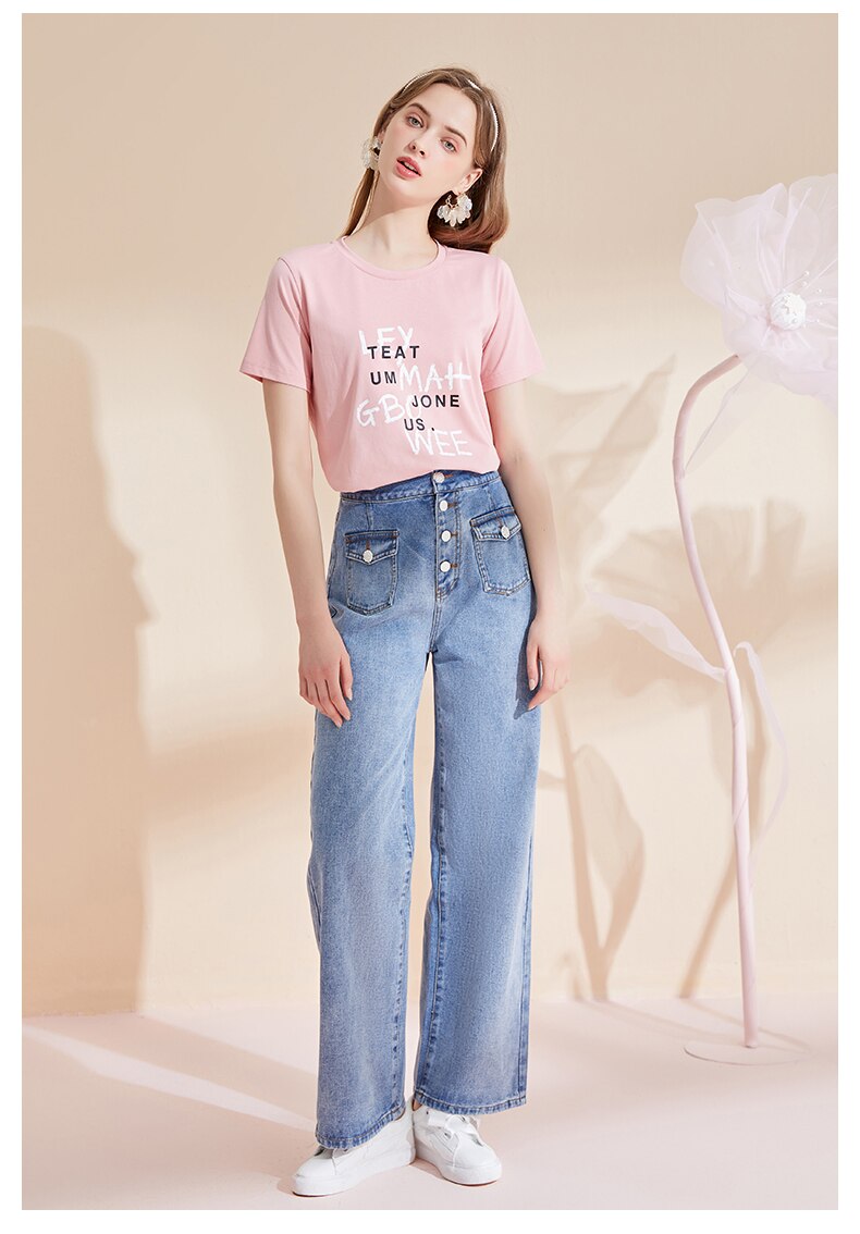 ARTKA 2021 Summer New Women T-shirt Fashion Casual Letter Print T-shirts Short Sleeve O-Neck Soft Pink T-shirt TA28015X