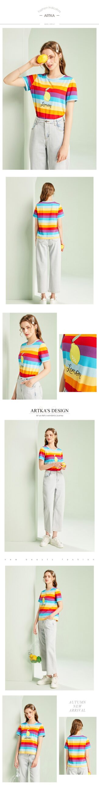 ARTKA 2021 Summer New Women T-shirt Fashion Rainbow Striped O-Neck T-shirts Casual Print Short Sleeve T-shirts Female TA25217X